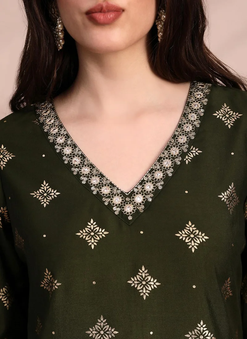 globus Olive Globus Women Olive Ethnic Motifs Foil Print Bell Sleeves V-Neck Sequinned & Zari Embroidered Detail A-Line Kurta With Pant & Net Dupatta Festive Set for Women | Best Price UAE